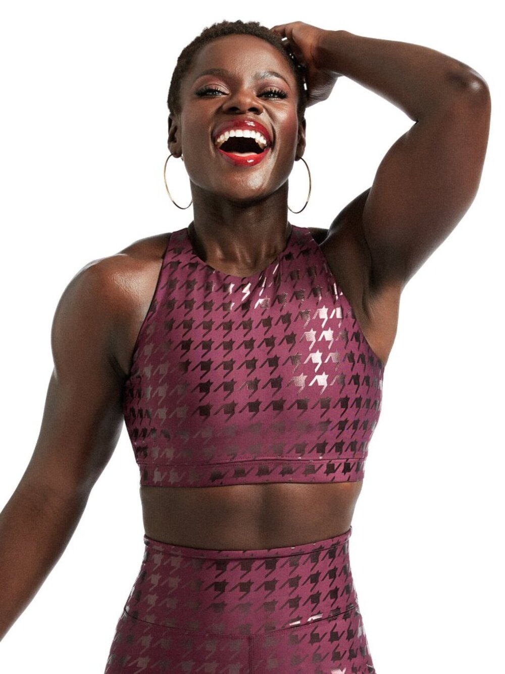 Peloton Wine Red Show Up Foil Houndstooth High Neck Racerback Sports Bra